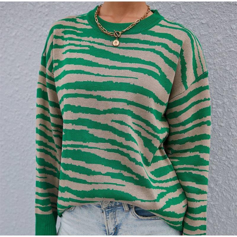 Women Zebra Pattern Stripe Contrast Knitted Sweater Female O-neck Long Sleeve Pullovers Fashion Casual Chic Knitwear Streetwear alx