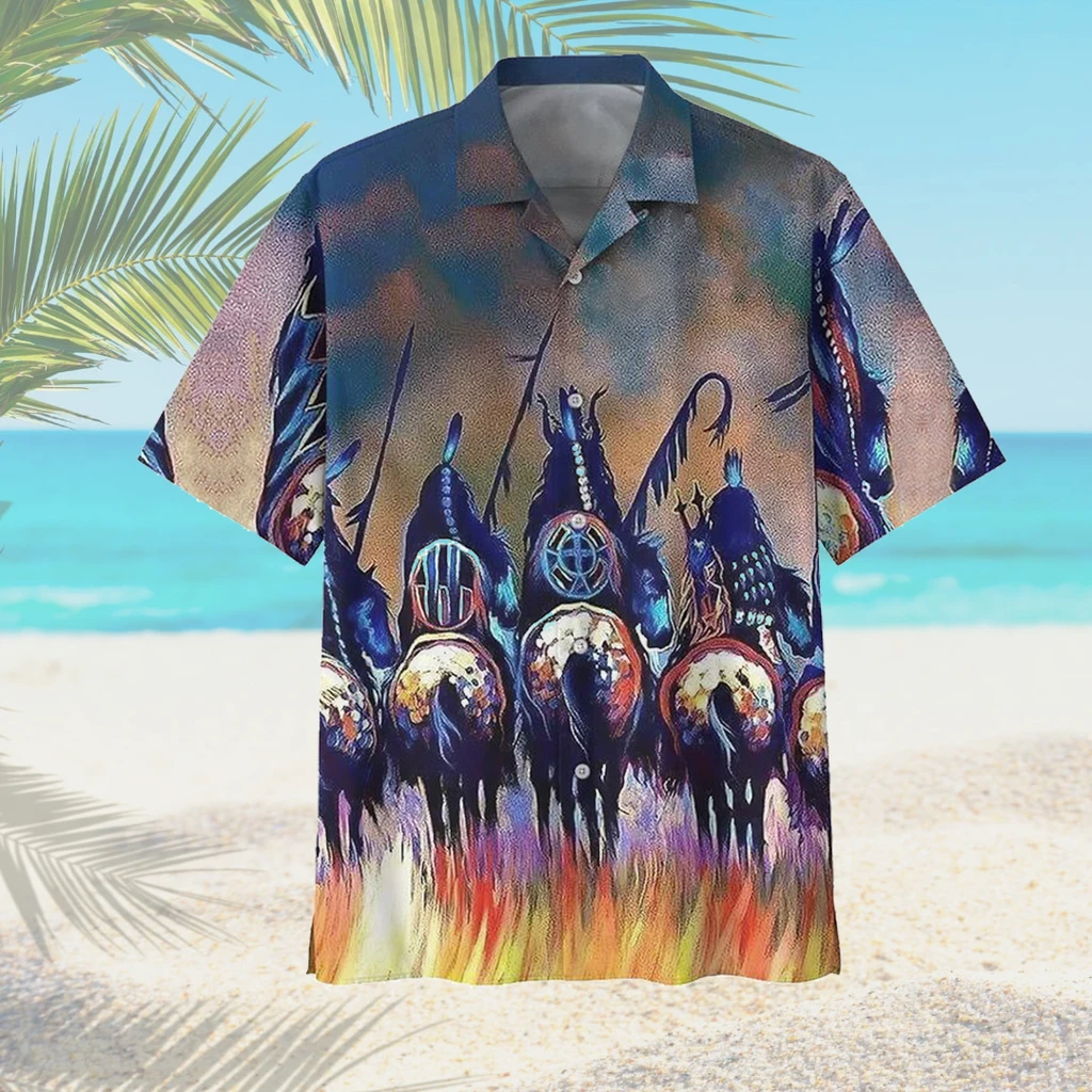 Native American Horse Print Polyester Hawaii Shirt Ha41358