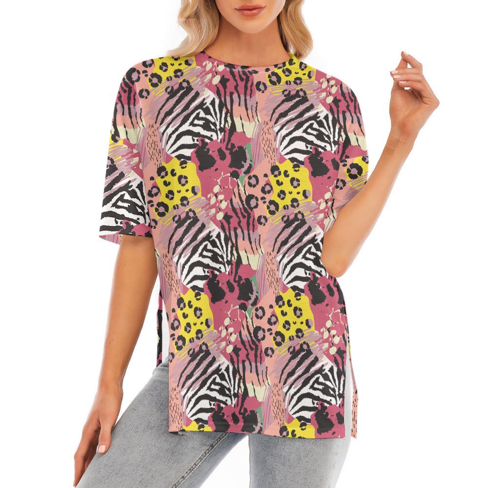 Exotic Leopard Skin Short Sleeve T-Shirt With Hem Split