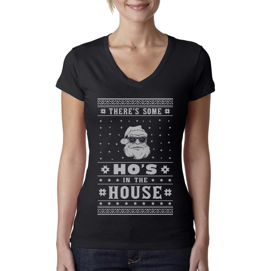 Theres Some Hos in the House Santa Ugly Christmas Sweater Womens Junior Fit V-Neck Tee