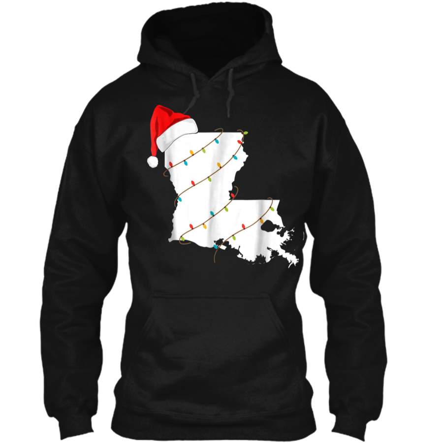 Louisiana Map Christmas With Santa Hat Xmas Lights Pullover Hoodie Christmas Gift Ideas