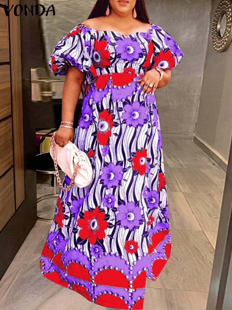 VONDA Plus Size Bohemian Sundress 5XL Autumn Vintage Women Casual Floral Printed Sexy Off Shoulder Long Sleeve Party Maxi Robe alx