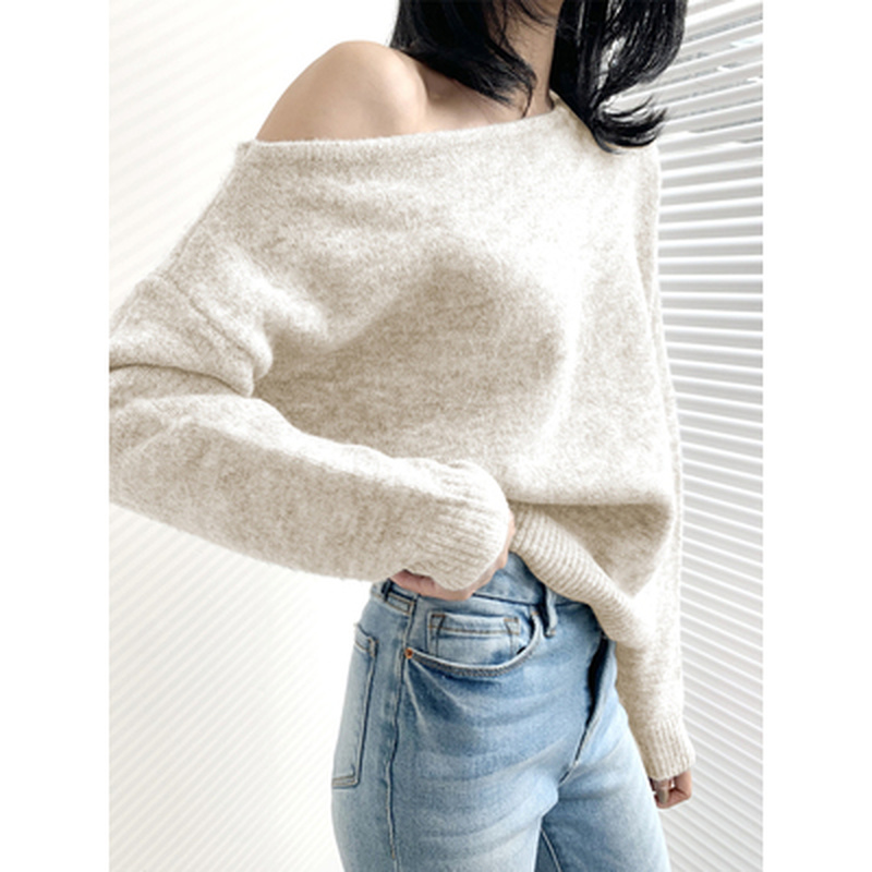 Chic Woolen Pullover Women Sweater 2022 Spring Slash Neck Long-sleeve Oversized Korean Cropped Knit Tops Female Y2k Gray Jumper alx