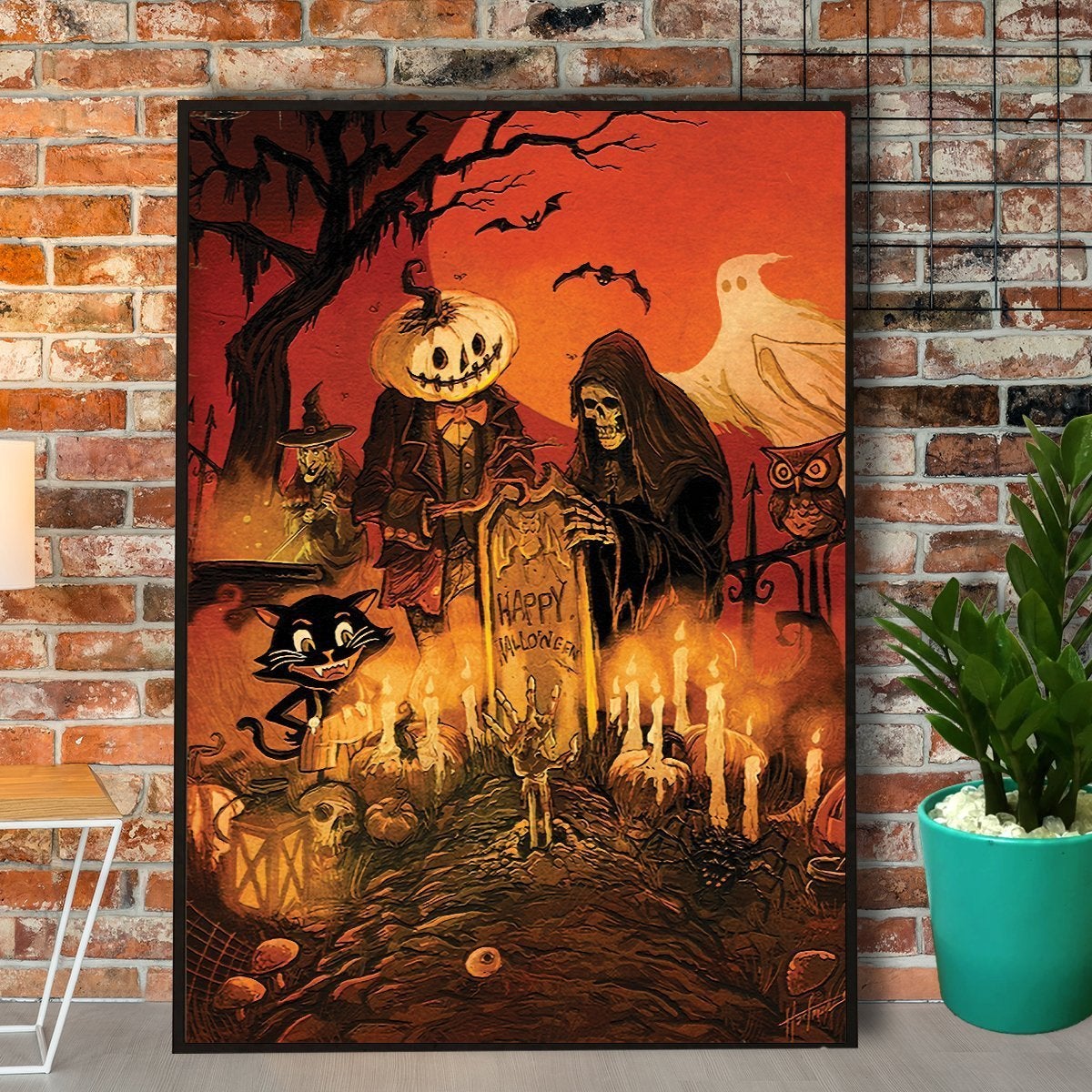 The Death Pumpkin Head Black Cat Halloween Poster Canvas Wall Decor Visual Art