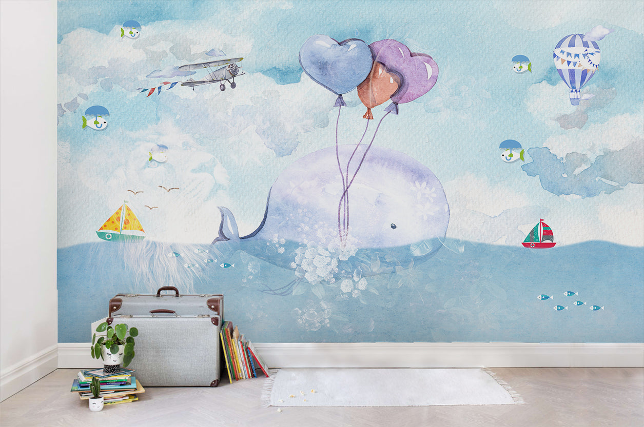 3D Blue Watercolor Whale Sailboat Hot Air Balloon Aircraft Wall Mural Wallpaper Sf46