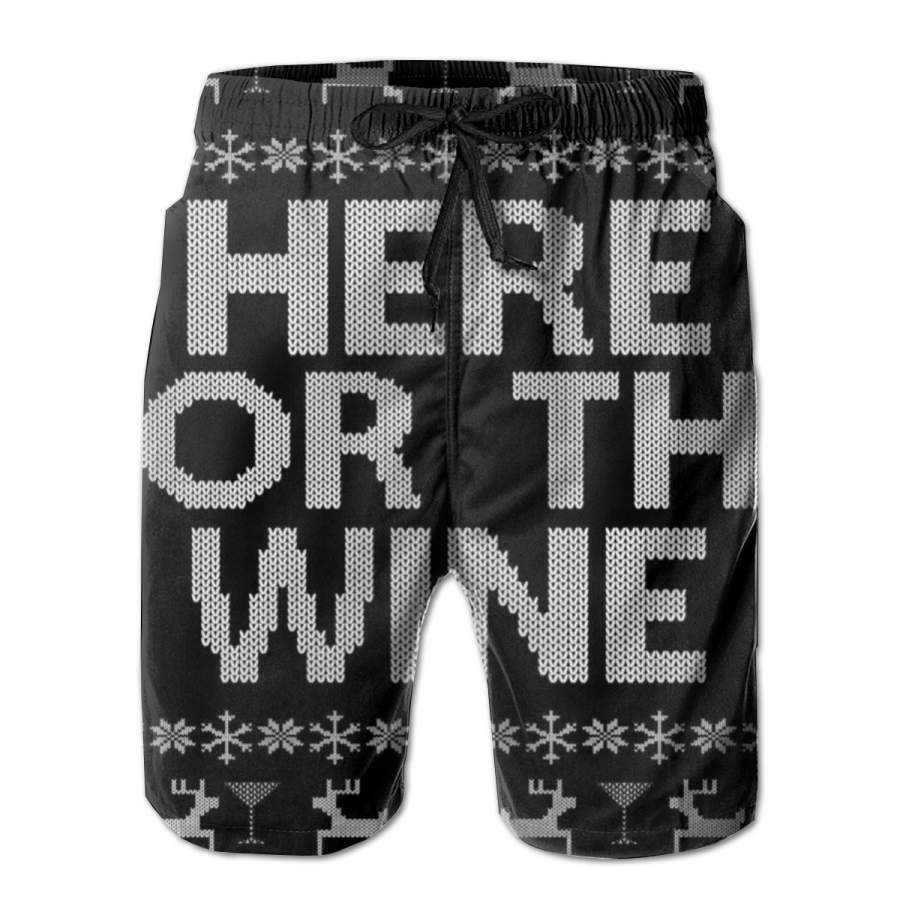 2 Pack Here For The Wine Ugly Christmas Sweater Poster Men Swim Trunks Drawstring Elastic Waist Quick Dry Beach Shorts with Mesh Lining Swimwear Bathing Suits