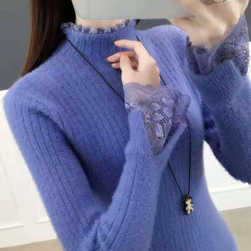 Autumn Winter Fashion New Cashmere Sweater Women Half High Collar Lace Stitching With Tight Knit Bottom Solid Color Lady Sweater alx