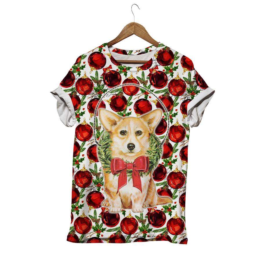 Cute Puppy With Christmas Wreath Christmas Pattern With Corgis Colorful Corgi Dog T-shirt