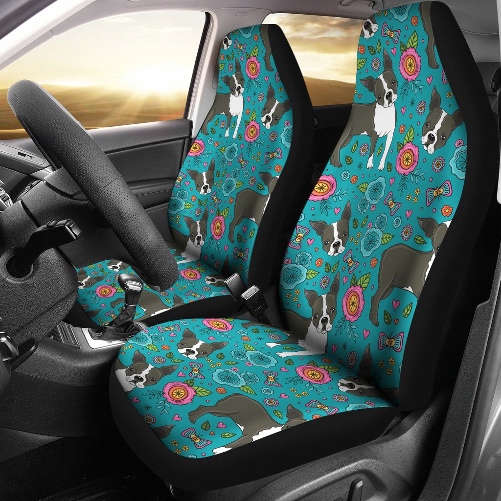 Boston Terrier Beautiful Flower Pattern Universal Fit Car Seat Covers