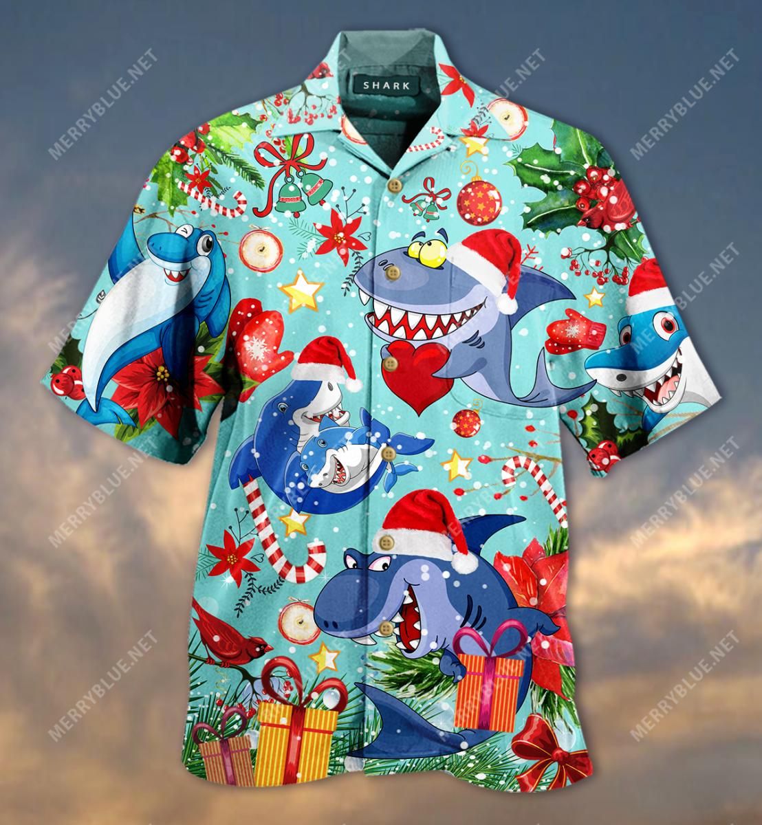 Sharks Give Christmas Gifts Aloha Hawaiian Shirt Colorful Short Sleeve Summer Beach Casual Shirt For Men And Women