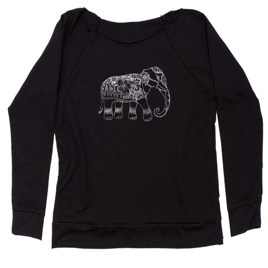 Sacred Elephant Distressed Look Slouchy Off Shoulder Sweatshirt