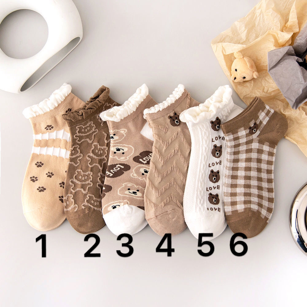 6 Pieces / New Cute Plaid Cotton Bear Lace Girl Student Short Socks Fungus Edge Deodorant Sweat-absorbing Boat Socks WOMEN Print alx