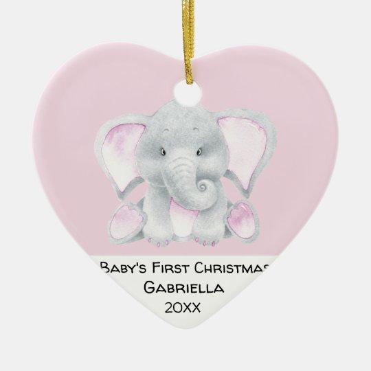 Personalized Pink Elephant Babys First Christmas Ceramic Circle Ornament 1 – 2 Sided