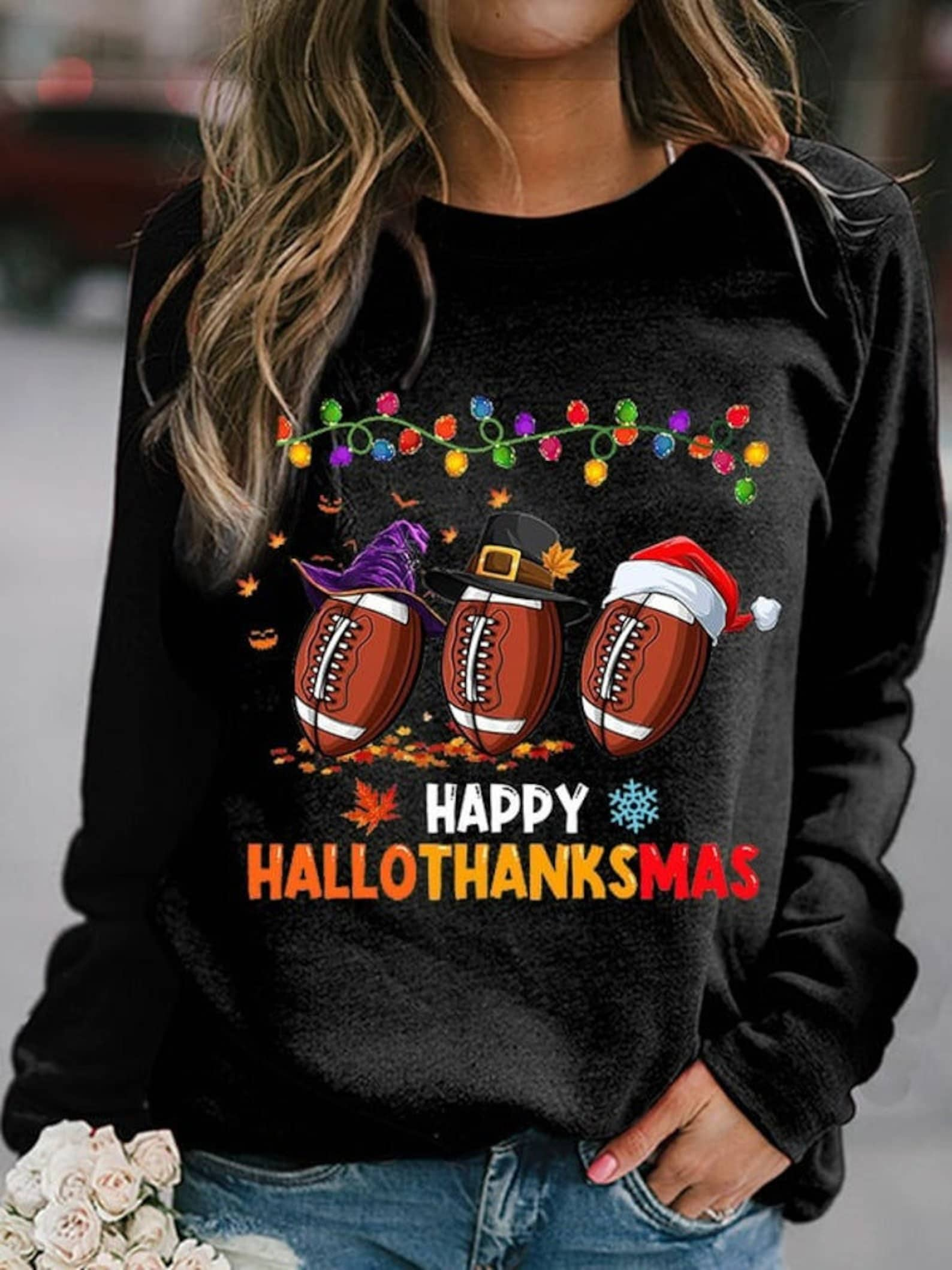 Happy Hallothanksmas Football Sweatshirt Halloween 2D Crewneck Sweatshirt All Over Print Sweatshirt For Women Sweatshirt For Men Sws3611