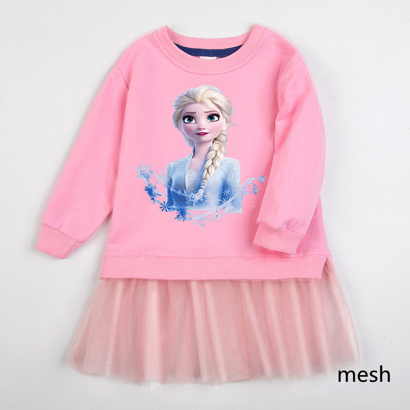 Autumn Kids Clothes Frozen Elsa Princess Long Sleeve Sweatshirts Mesh Fake Two-piece Little Girls Outfits Sweatshirt-dress alx