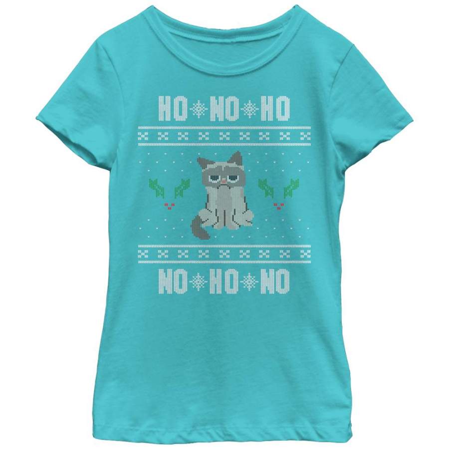 Grumpy Cat Girl’s Ugly Christmas Ho Ho No  T Shirt Tahiti Blue