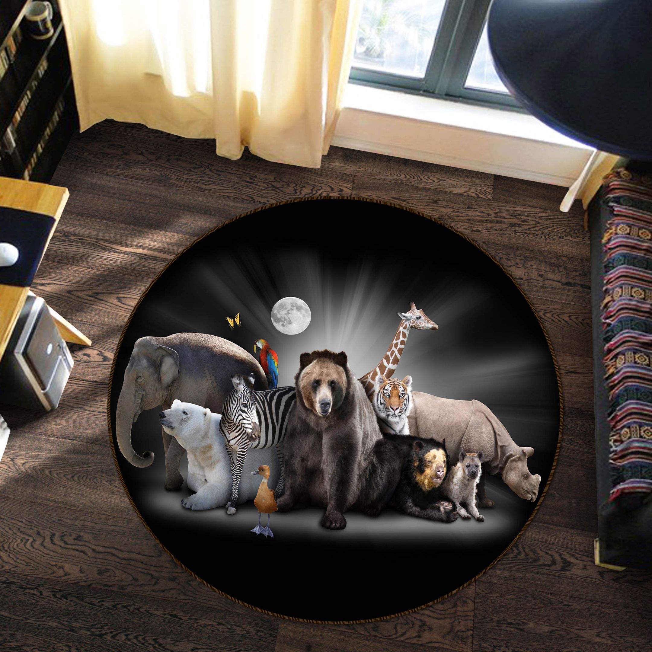 3d Animal Group Under The Moonlight Round Rug Home Decor