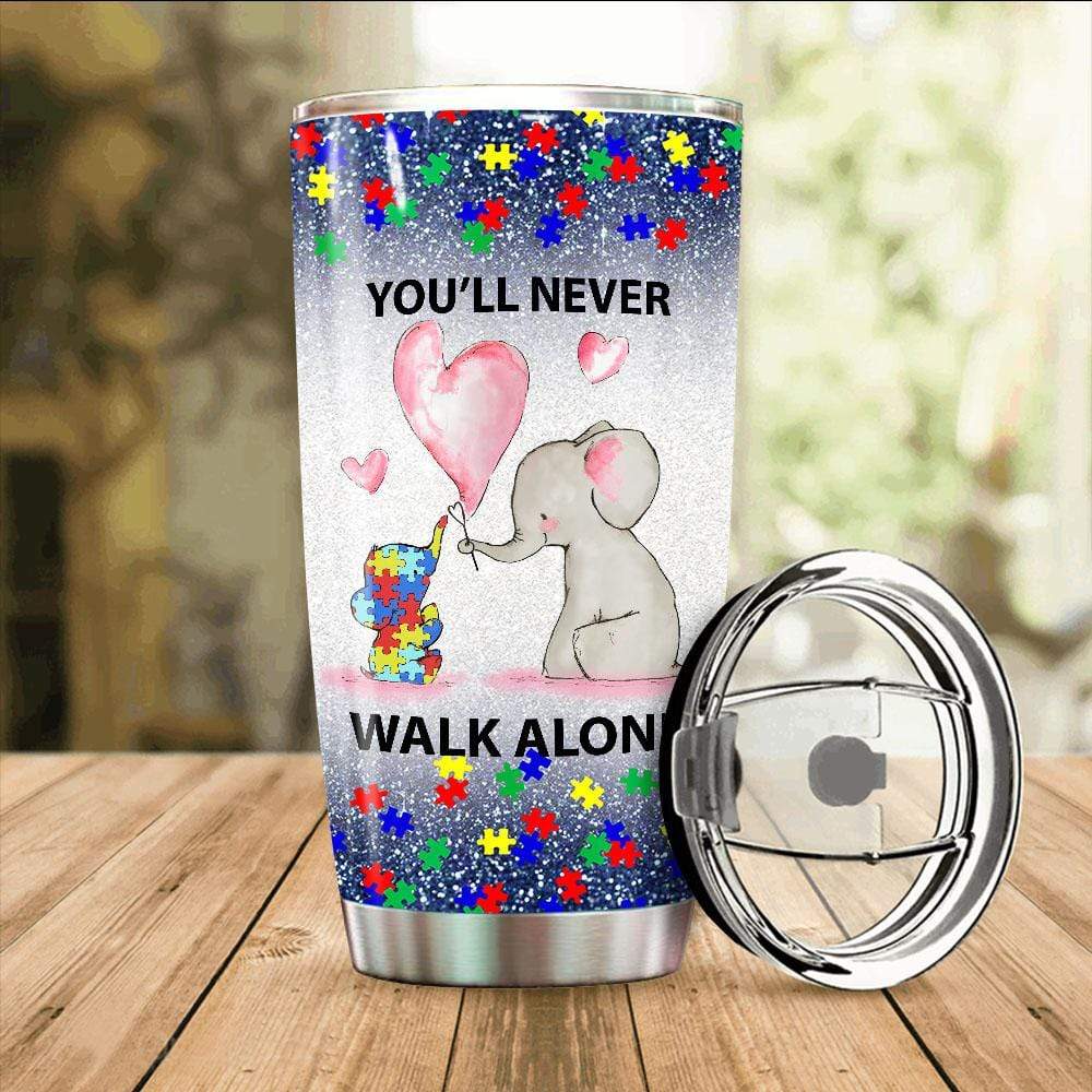 Gifury Autism Mom Tumbler 20 Oz You’Ll Never Walk Alone Elephant Tumbler Cup Autism Travel Mug 2022