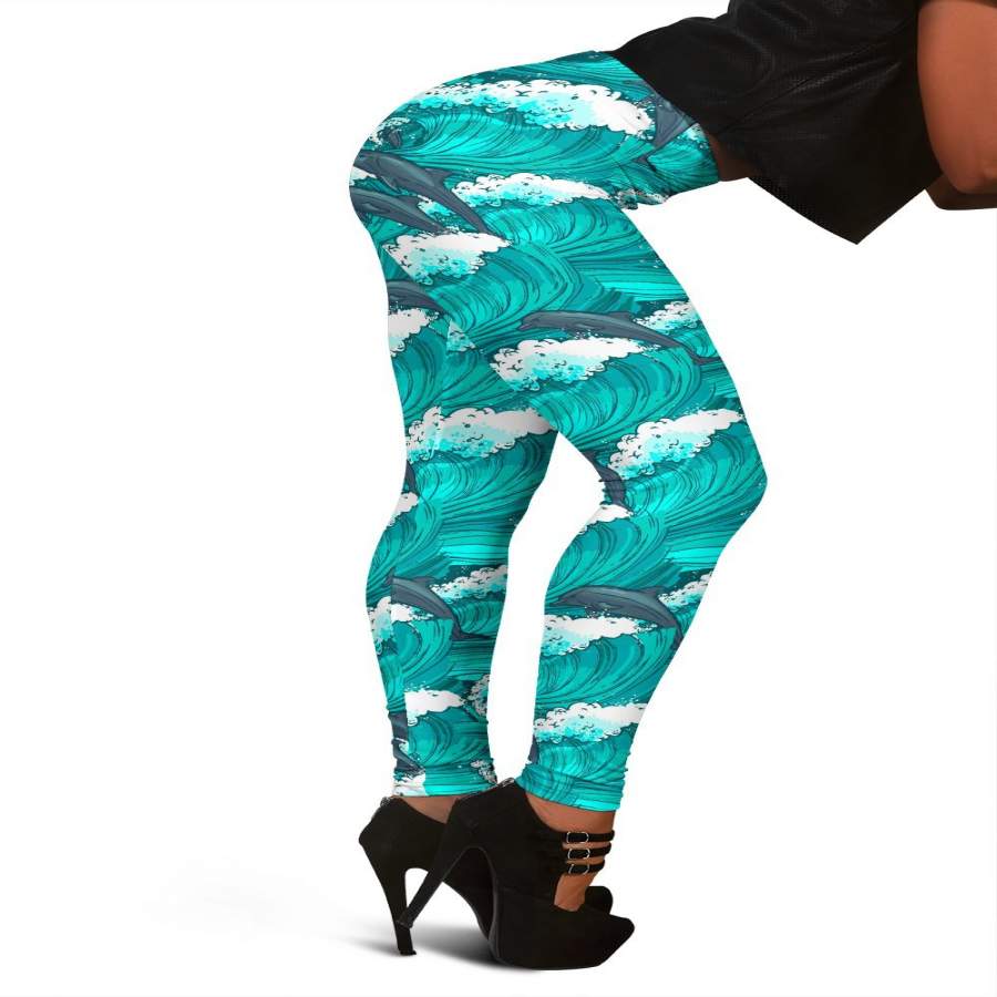 Dolphin Wave Pattern Print Women Leggings