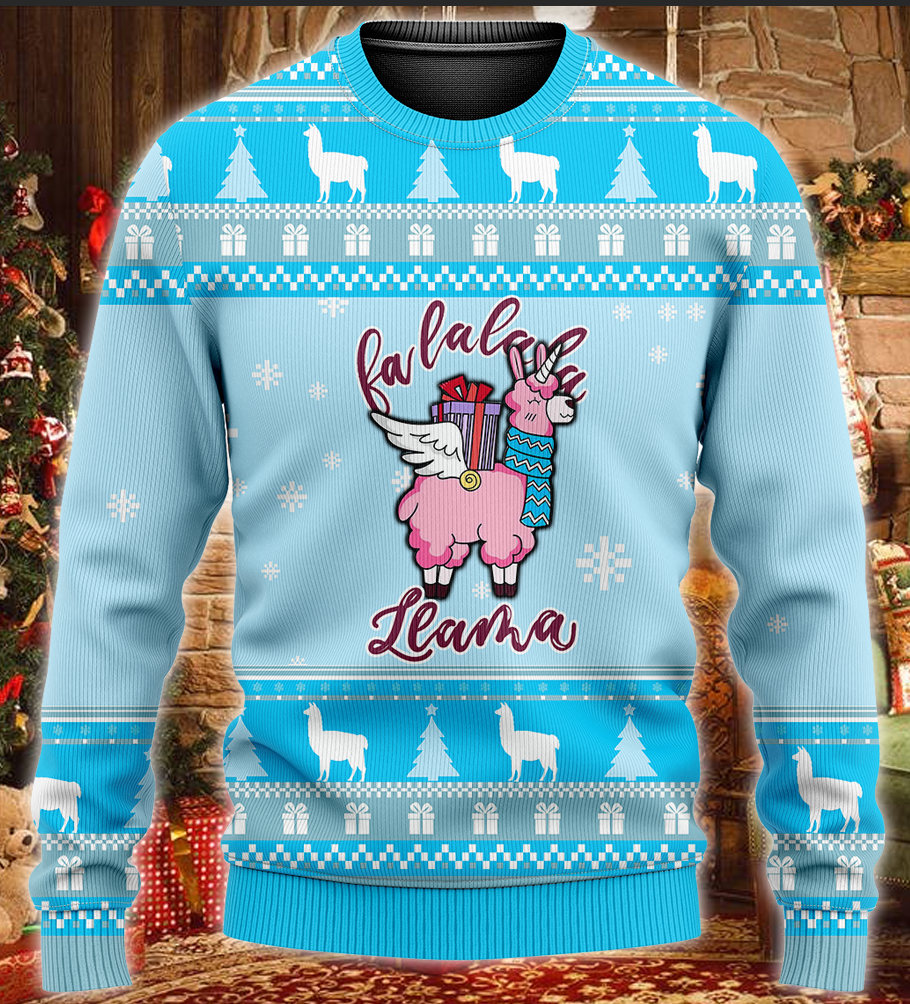 Unifinz Llama Christmas Ugly Sweater Llama With Wings Fa La La La Llama Blue Sweater 2022