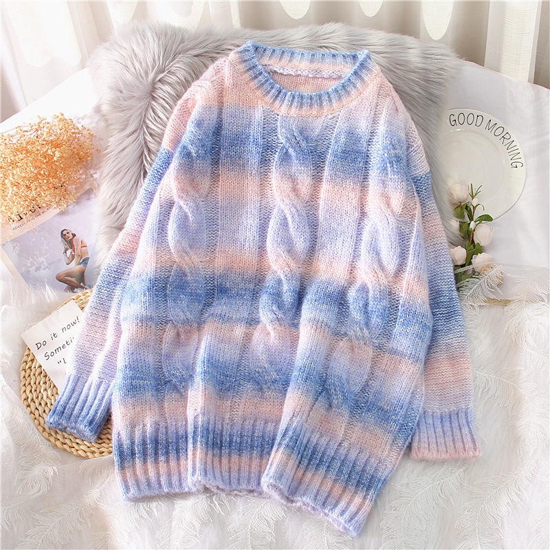 Women Spring Autumn Wool Sweater 2021 Rainbow Striped Knitted Sweaters Tie Dye Pullover O-Neck Long Loose alx