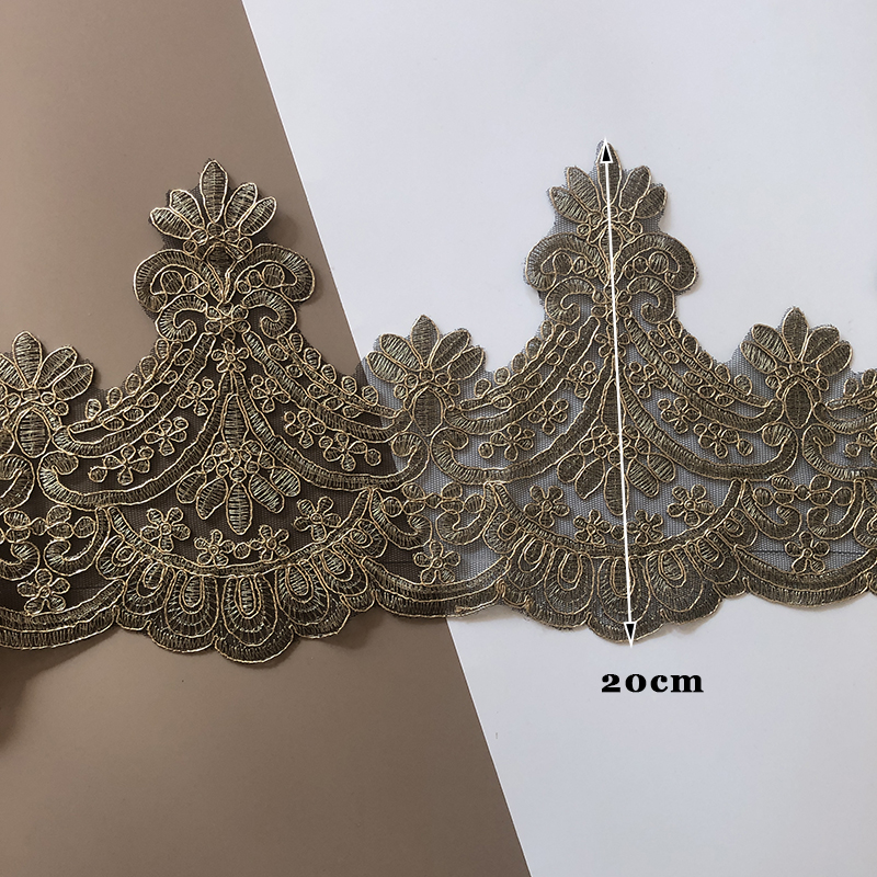 Delicate 1Yard Gold Embroidery Black Mesh Lace Trim Diy Luxury Applique Flowers Garment Lace Fabric for Wedding Dresses 20cm alx