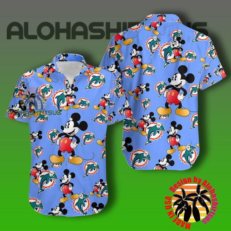 Cute Mickey Mouse Miami Dolphins Nfl Blue Big Mens Hawaiian Shirts