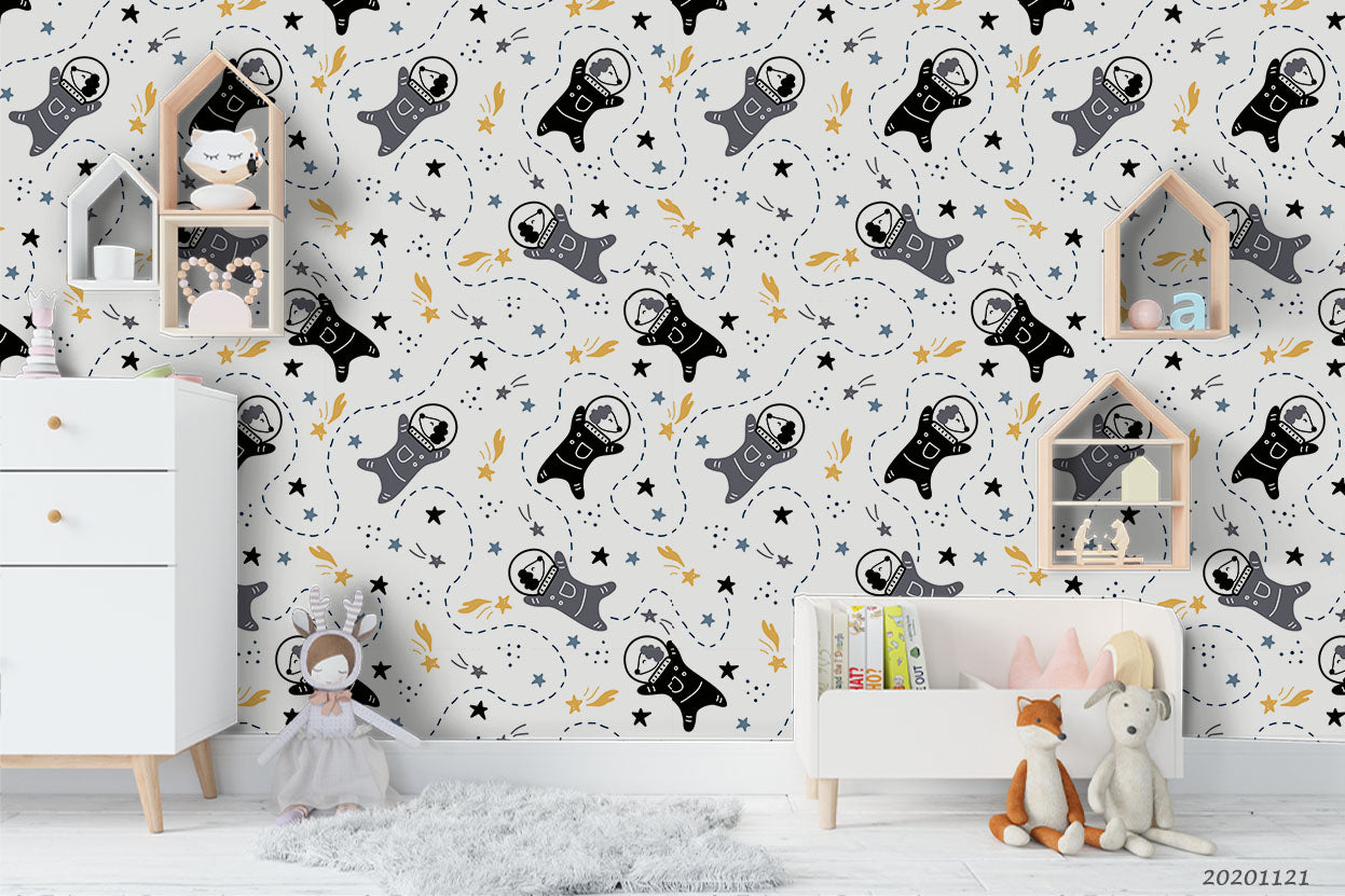 3D Cartoon Hand Drawn Astronaut Dog Animal Star Pattern Wall Mural Wallpaper Lxl