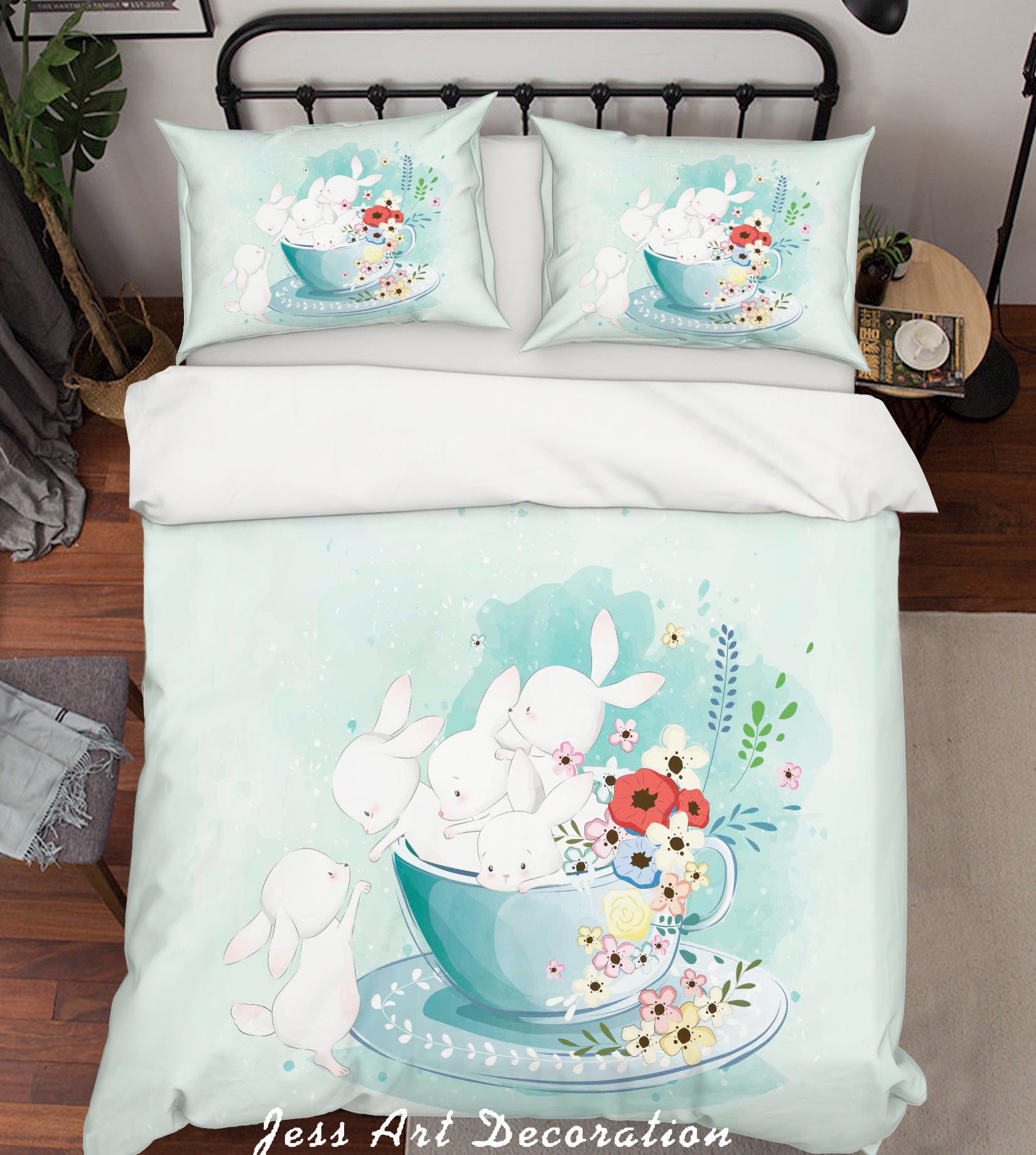 3D Green Rabbit Cup Floral Quilt Cover Set Bedding Set Duvet Cover Pillowcases Sf02