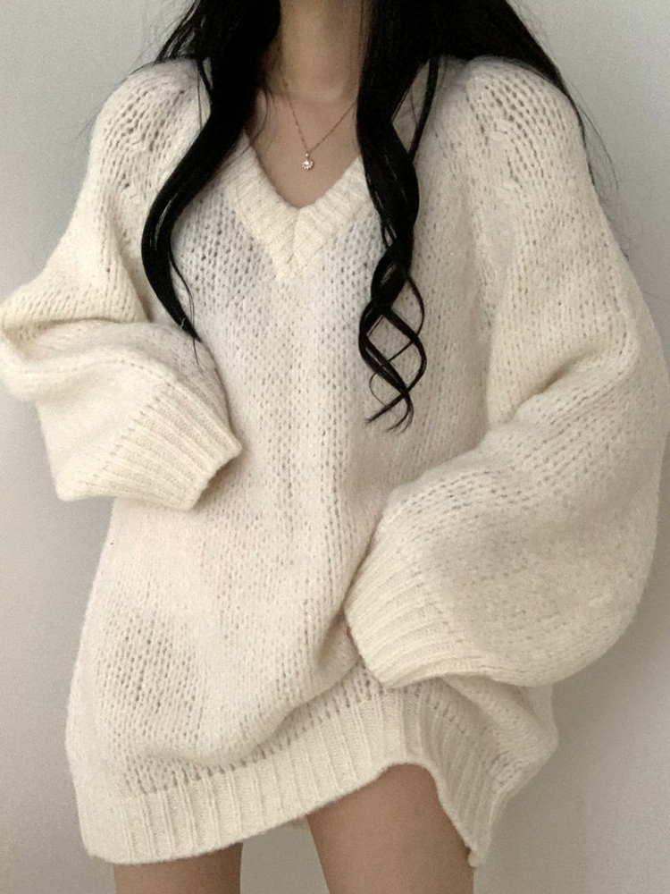 V-neck Sweaters Women Autumn Winter Oversized Casual Loose Knitted Jumper Tops Korean Fashion Long Sleeve Pullovers Female Pull alx