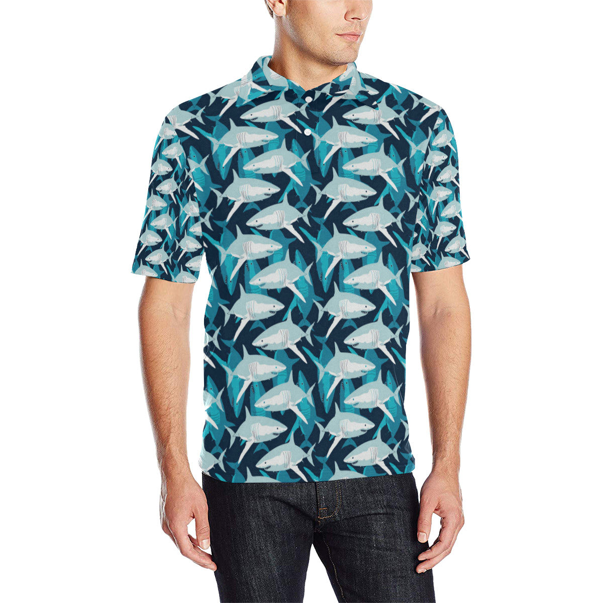 Shark Design Print Men Polo Shirt