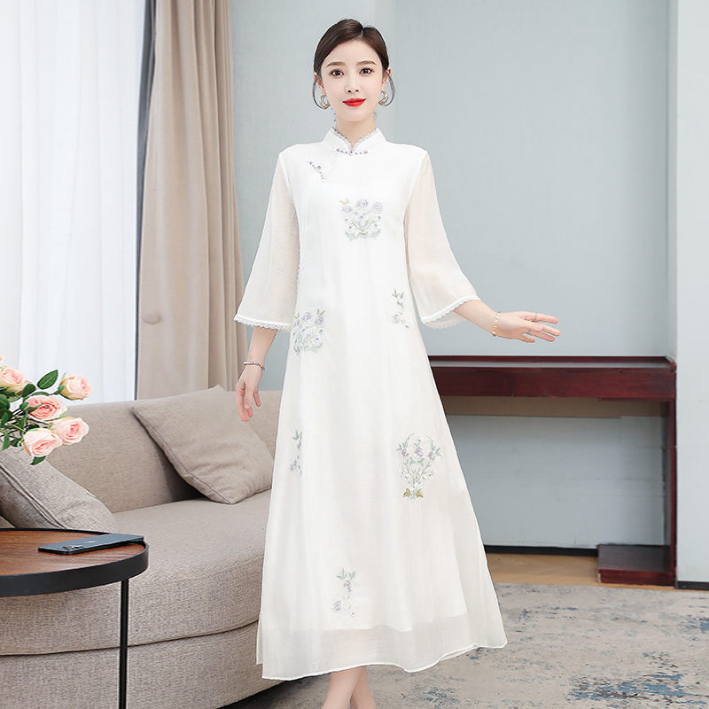 Spring Summer 2022 Chinese Style Clothing Retro Women’s Long Dress Stand-Up Collar Diagonal Embroidered Cheongsam Dress M2028 alx