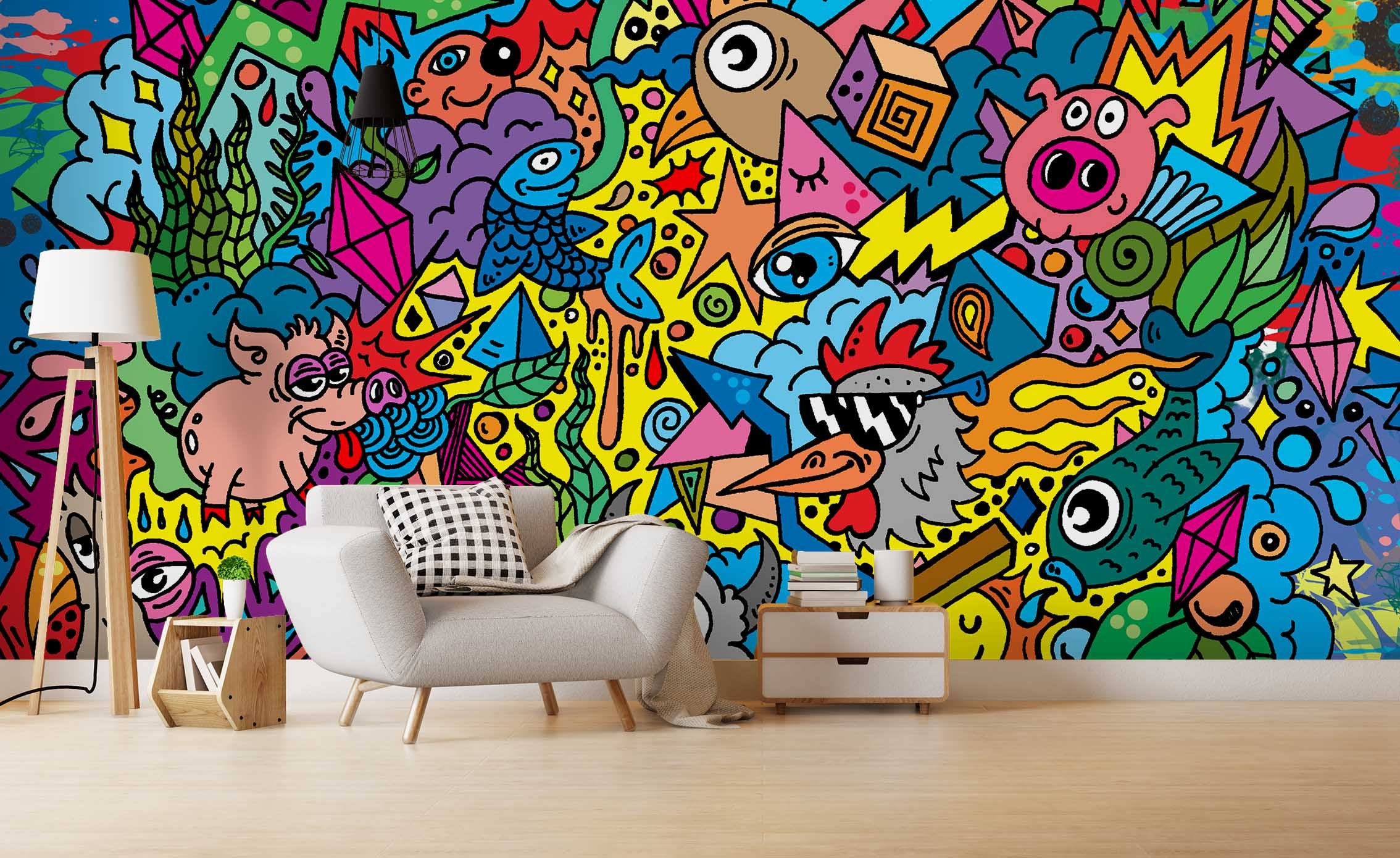 3D Colorized Graffiti Animal Fish Pig Bird Wall Mural Wallpaper Zy D79