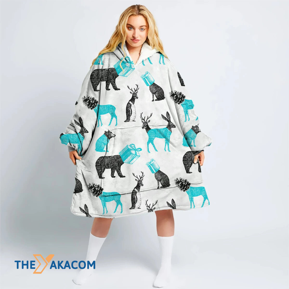 Winter Xmas Blue And Black Animals Gift Boxes Sketching Style Hoodie Blanket