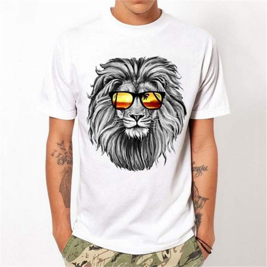 2017 new lion glasses printing t-shirt white short sleeves tee tops