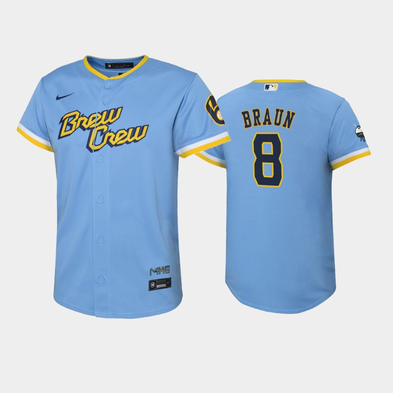 2022-23 City Connect Youth Milwaukee Brewers Ryan Braun 8 Ryan Braun Jersey – Powder Blue