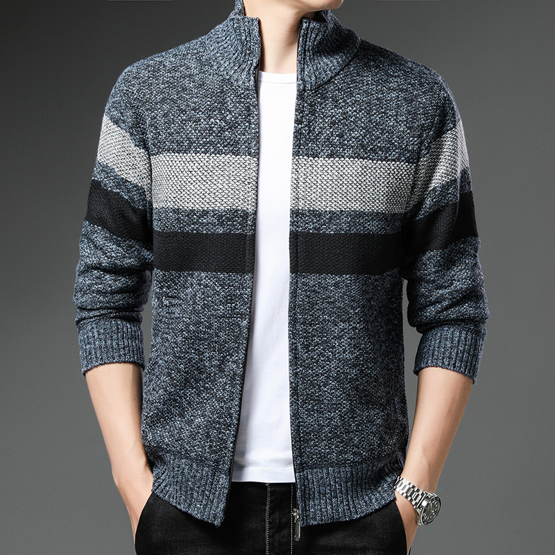 Casual jacket men’s loose coat autumn and winter new fleece warm wool sweater patchwork zipper knit cardigan alx