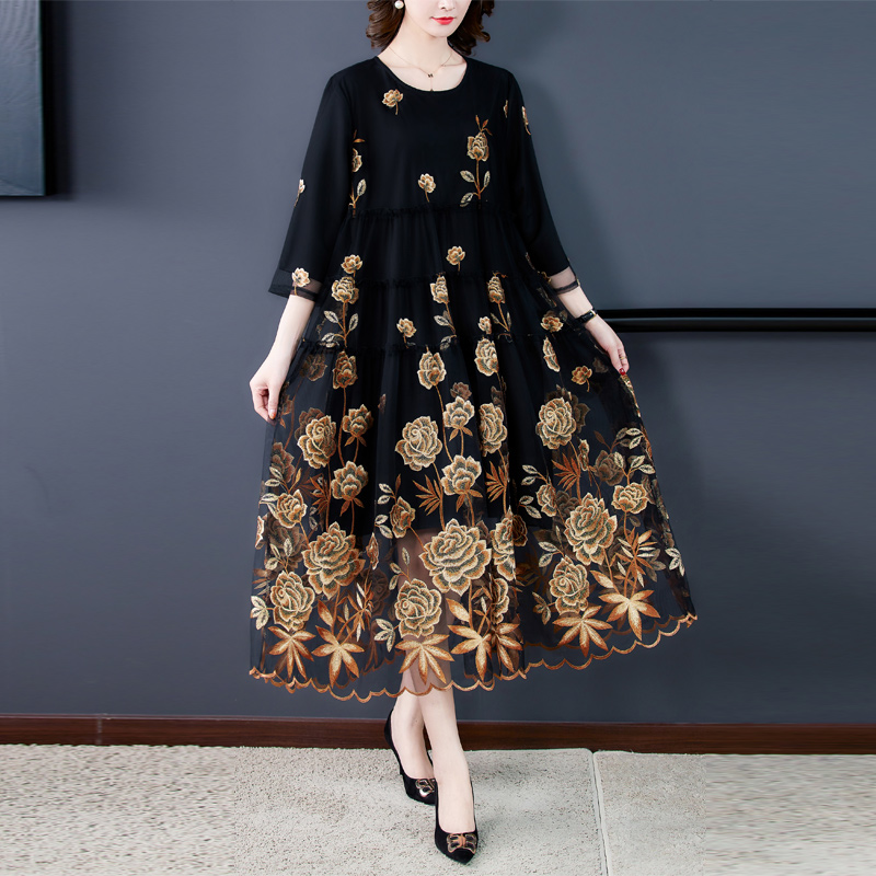 Chic Mesh Embroidered Dress 2022 Spring Autumn New Women’s High-End A-Line Dress Flower Party Femme Vestidos y1421 alx