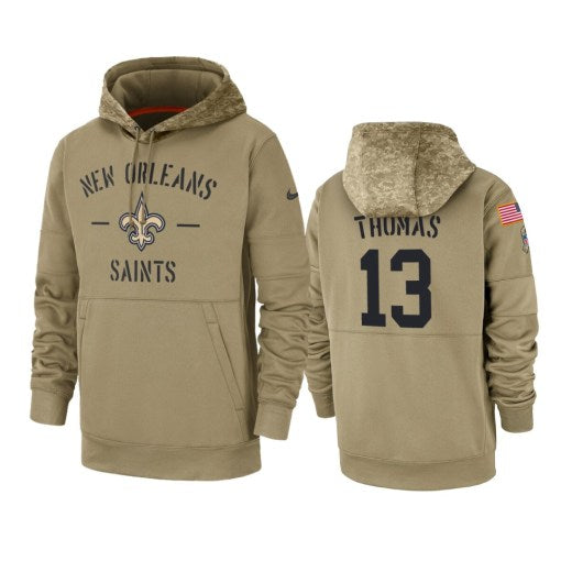 New Orleans Saints Michael Thomas Tan 2019 Salute To Service Sideline Therma Pullover Hoodie