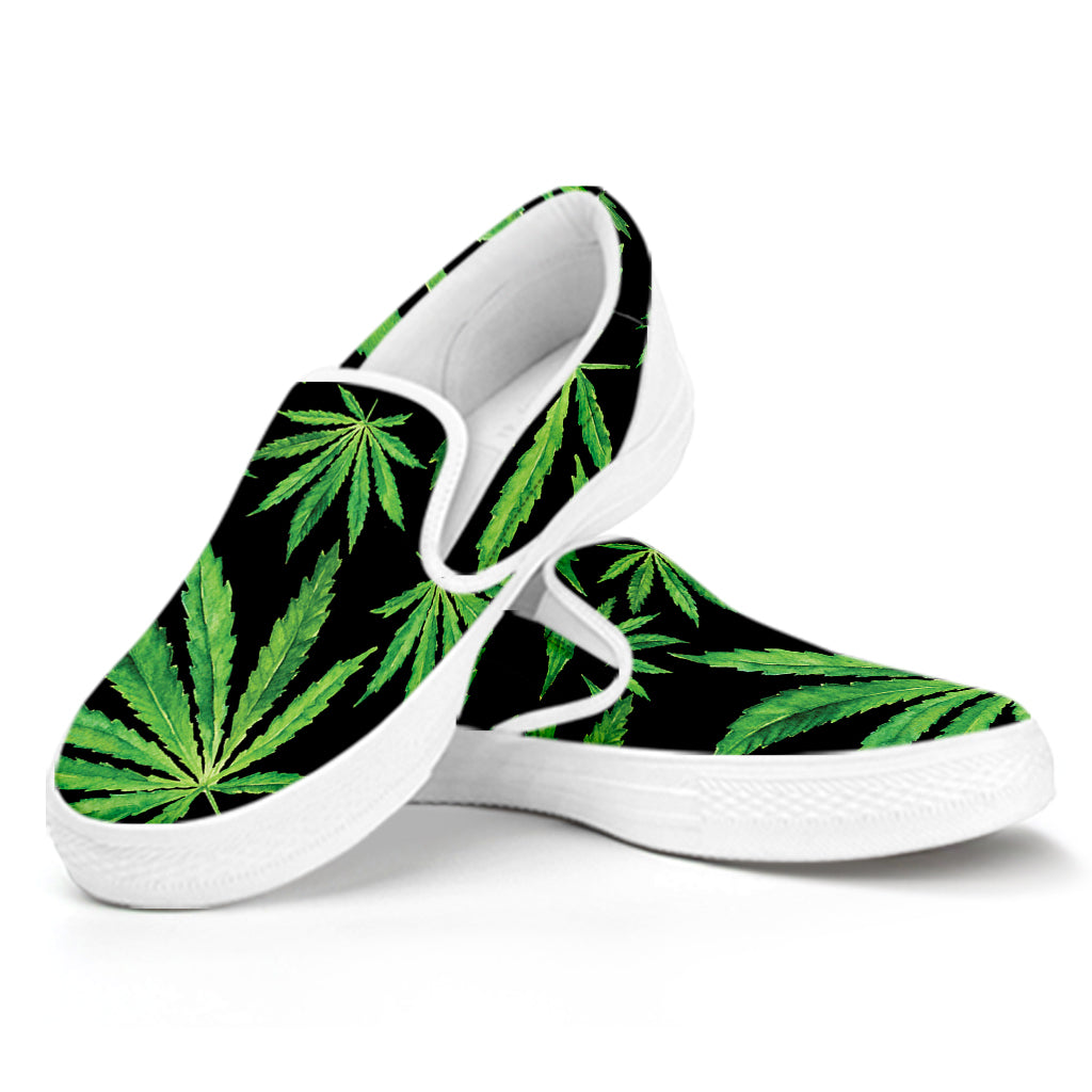 Watercolor Marijuana Leaf Pattern Print White Slip On Shoes