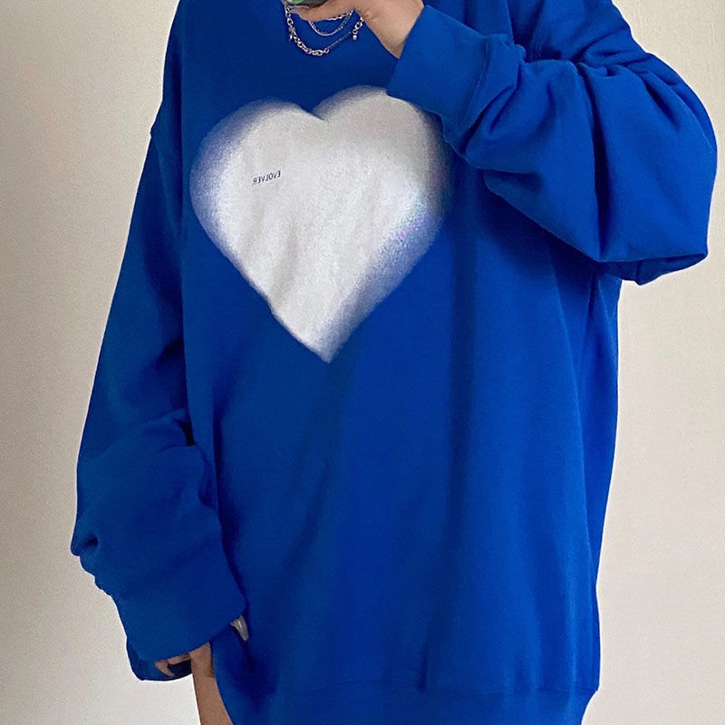 Women’s Sweatshirt Harajuku Heart Print Klein Blue O-Neck Pullovers Oversized Hoodie Loose Streetwear Woman Clothing Sweatshirt alx