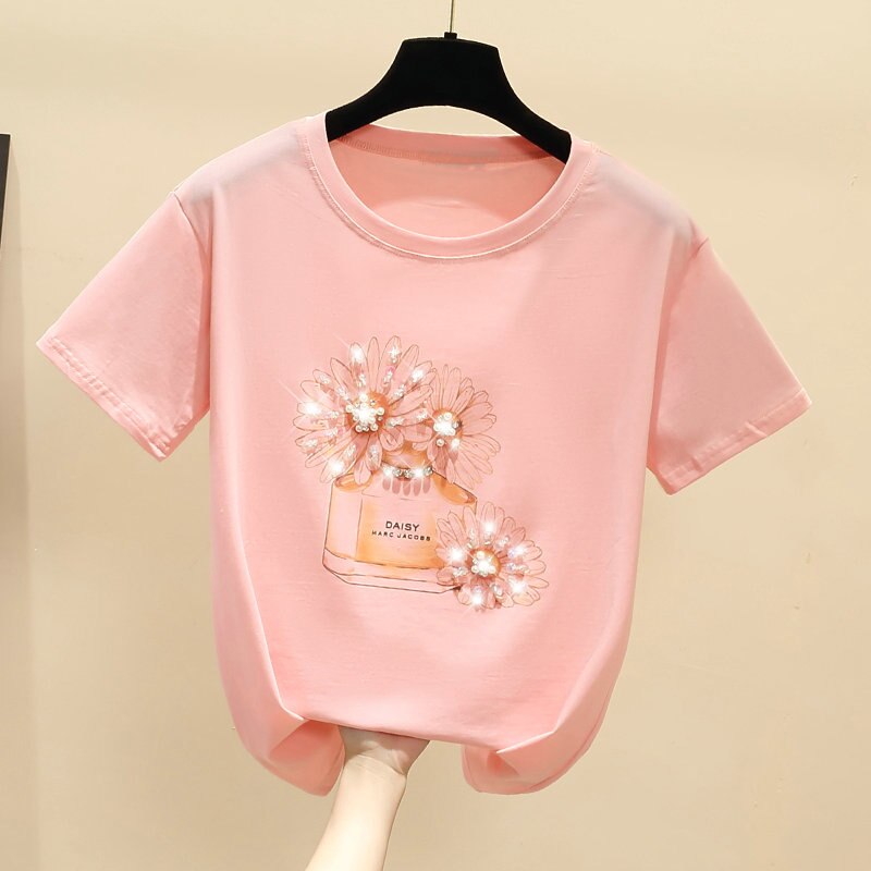 Summer Tshirt Women Clothes Korean White Vintage Tops Women T shirt Printed Pink Beading Tee Shirt Short Sleeve Fashion 2021 alx