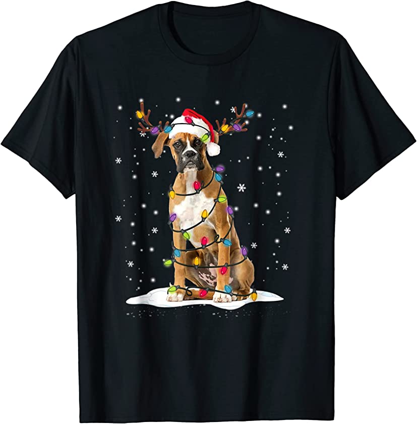 Reindeer Boxer Dog Santa Hat Christmas Lights Puppy Lover T-Shirt