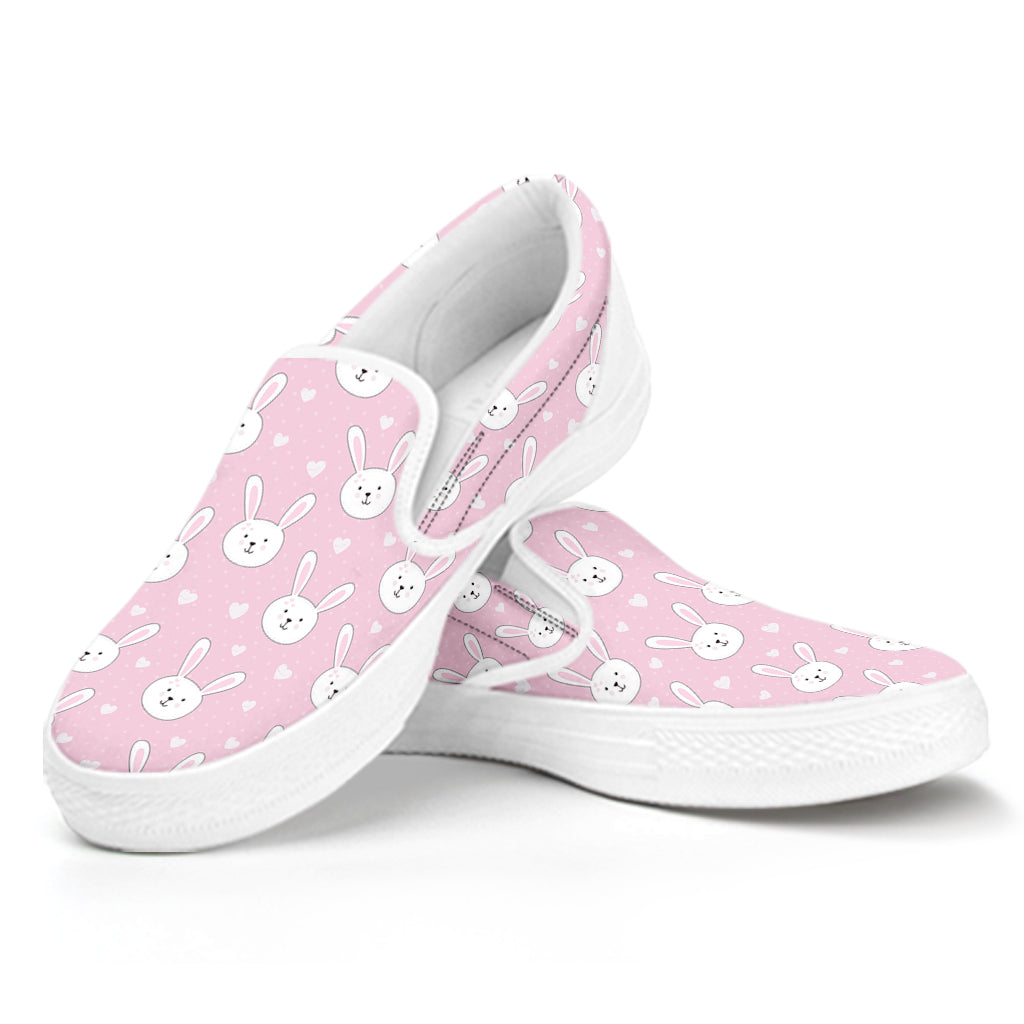 Pink Rabbit Pattern Print White Slip On Shoes