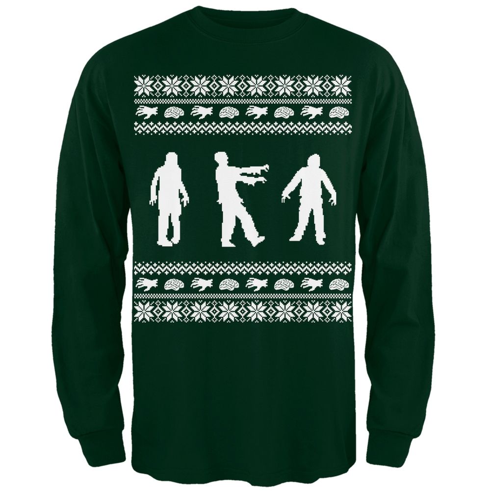 Zombie Ugly Christmas Sweater Green Adult Long Sleeve T-Shirt – Large