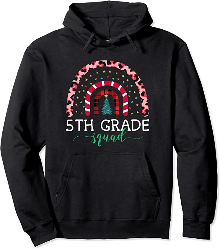 Boho Christmas Leopard Rainbow 5th Grade Squad Girls Teacher Pullover Hoodie