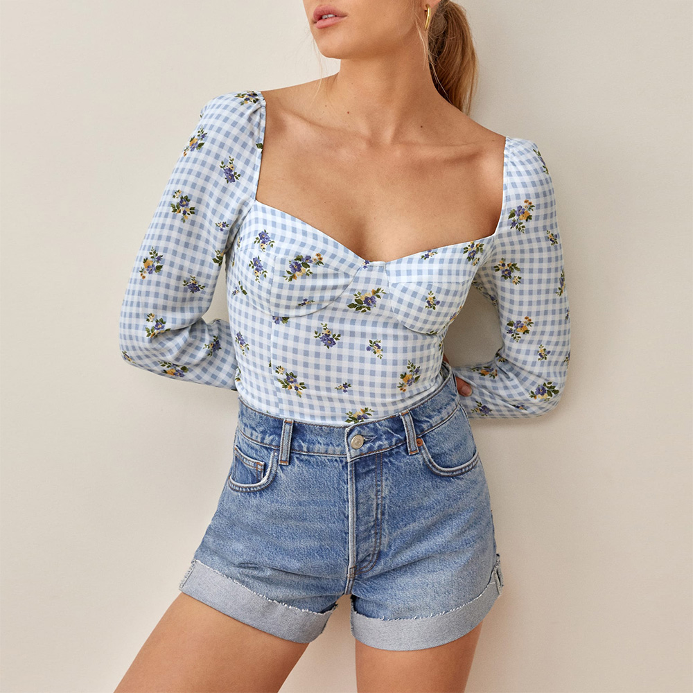 Women Blouses Long Sleeve Sweetheart Neck Elegant Polka Dot Blouse 2021 Fashion Smocked Back Slim Fitted Ladies Casual Tops alx