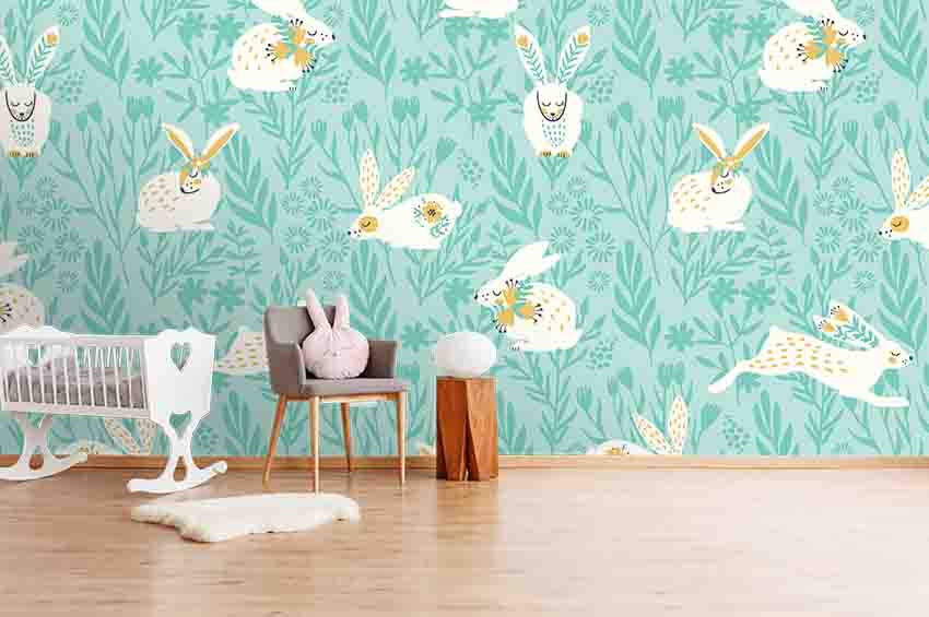 3D Cartoon Nifty Rabbit Playing Grass Green Background Wall Mural Wallpaper Zy D106