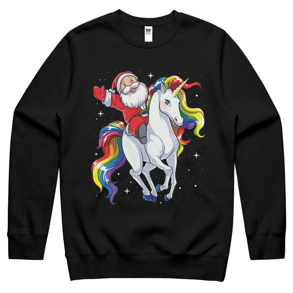 Santa Riding Unicorn Crewneck Sweatshirt Christmas Gifts Rainbow Space Xmas T-Shirt Gifts Ideas Crewneck Sweatshirt