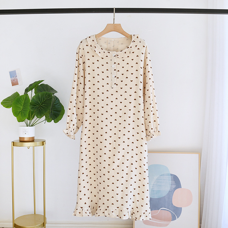 Spring and Autumn Ladies Long Dress 100% Cotton Crepe Nightdress Nightdress Thin Long Sleeve Skirt Casual Home Skirt Pajamas alx